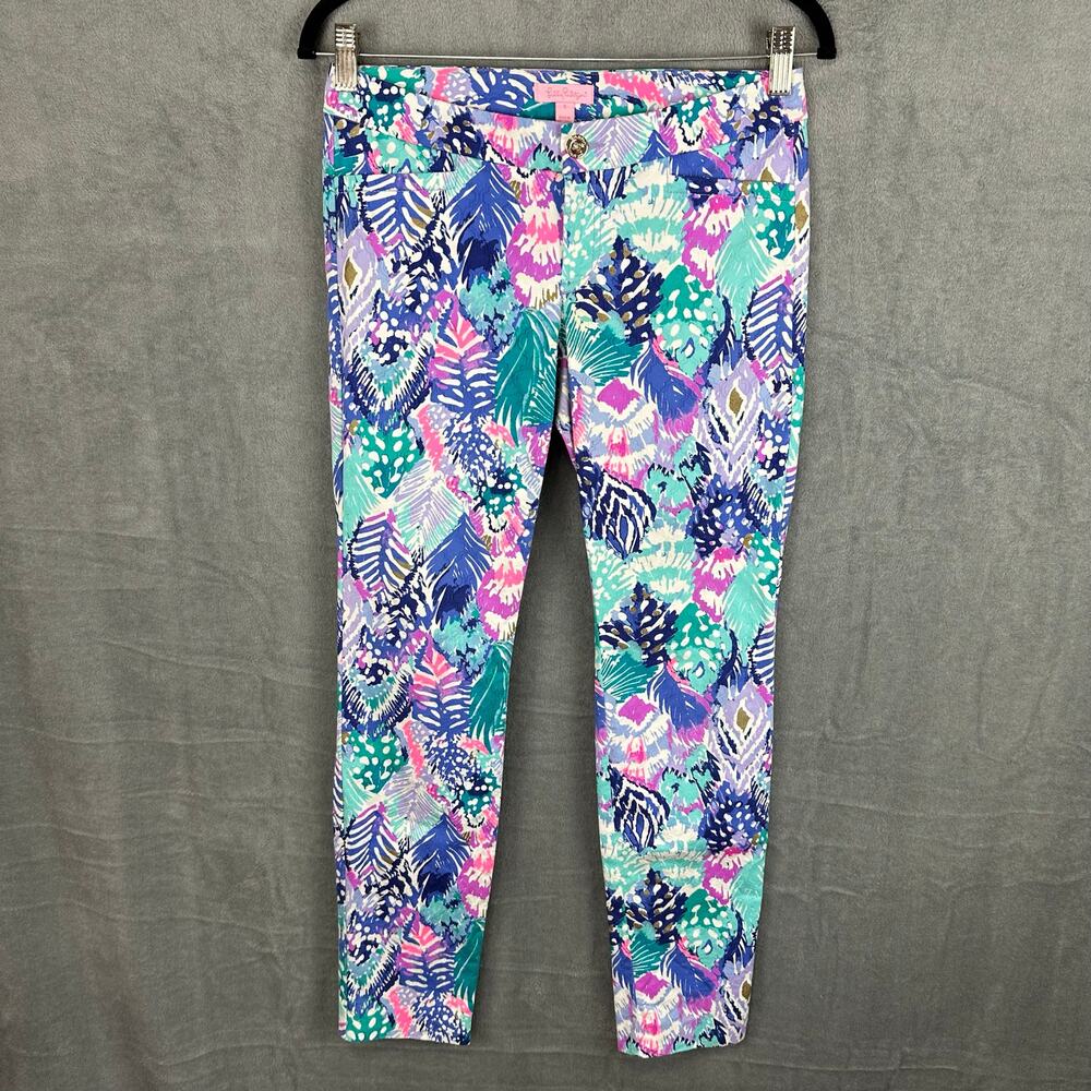 Lilly Pulitzer Kelly Ankle Pants Womens 0 Blue Leaf Skinny Pockets Tropical Bold